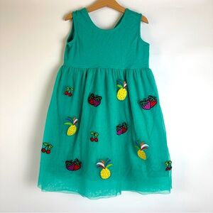 Hanna Andersson Teal Sleeveless Dress Cross Back Tulle Skirt Fruit Patches‎ Sz 8